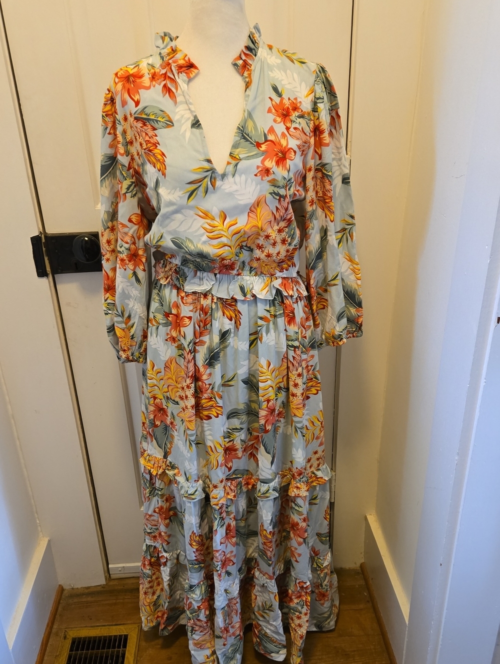 Lost + Wander Floral Maxi Dress in Light Blue with Pink & Yellow Flowers Size S